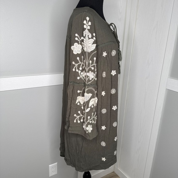 Entro Embroidered‎ Boho Peasant Dress Tassel Tie Olive Green | Size L - Picture 3 of 9